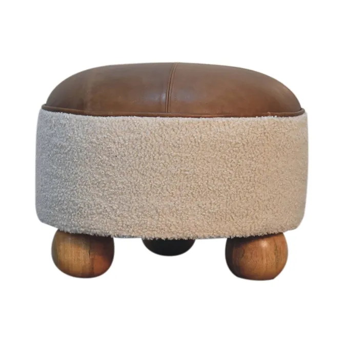 Cream Boucle Buffalo Hide Round Footstool with Ball Feet