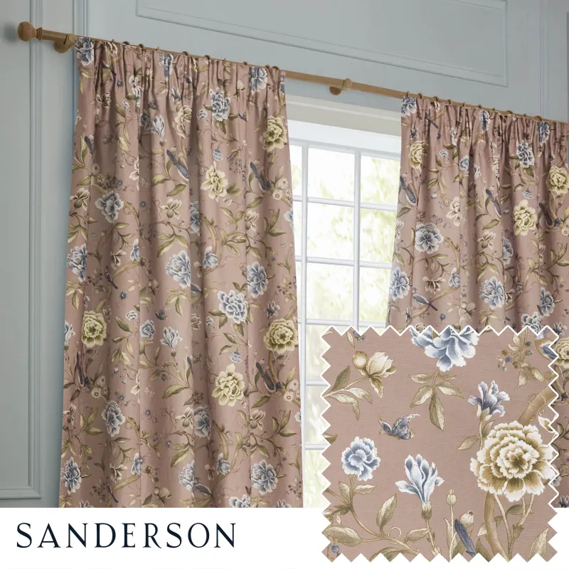 Porcelain Garden Printed Chenille Pencil Pleat Curtains 3 Colours
