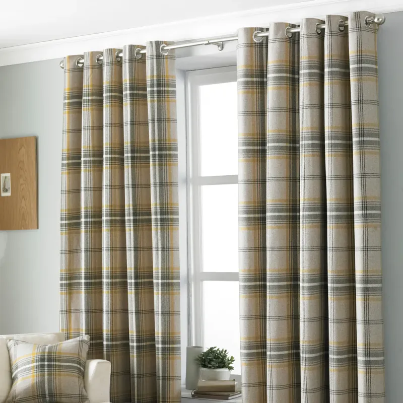 Aviemore Tartan Faux Wool Eyelet Curtains Ochre