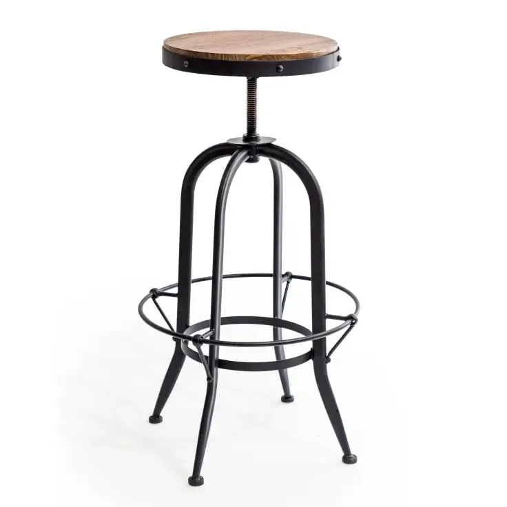 Matt Black Vintage Style Adjustable Bar Stool w/ Wood Seat