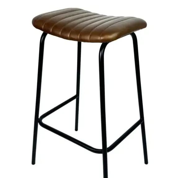 Industrial Ribbed Leather & Iron Classic Bar Stool x 2
