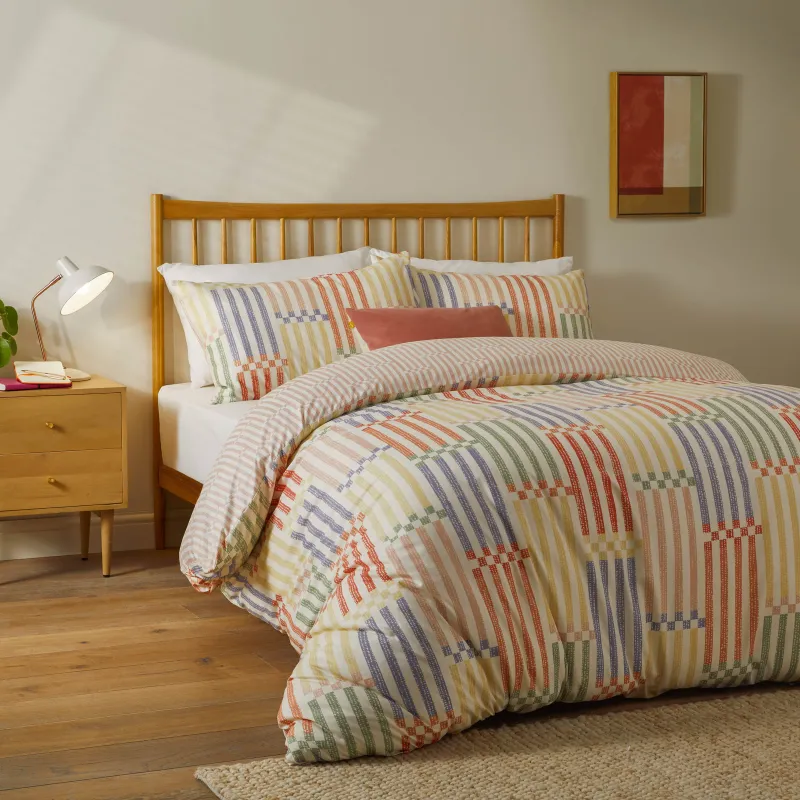 Madison Stripe Printed Soft Touch Duvet Cover Set Multi/Apricot
