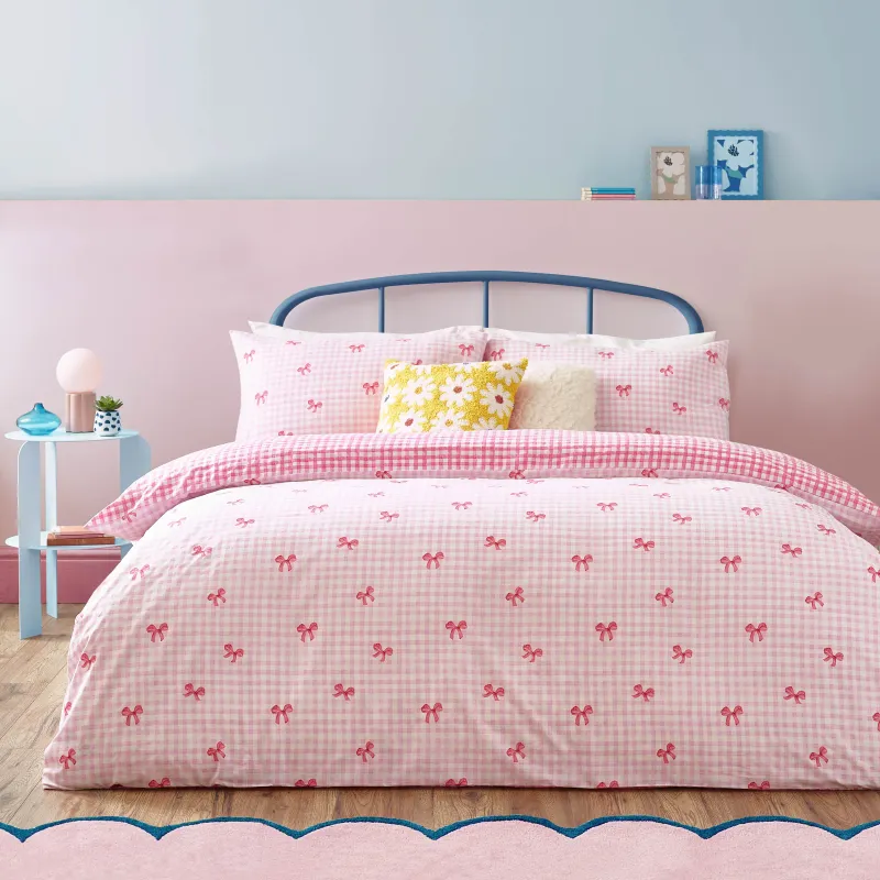Gingham Bows Printed Duvet Cover Set Blue or pink