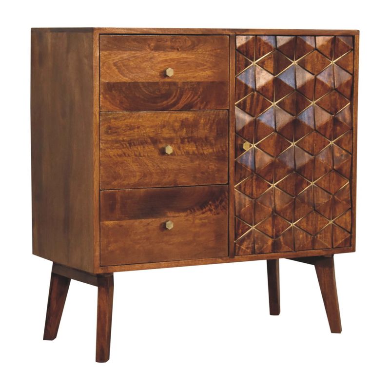 Chestnut Cubed Brass Inlay Cabinet Mango Wood