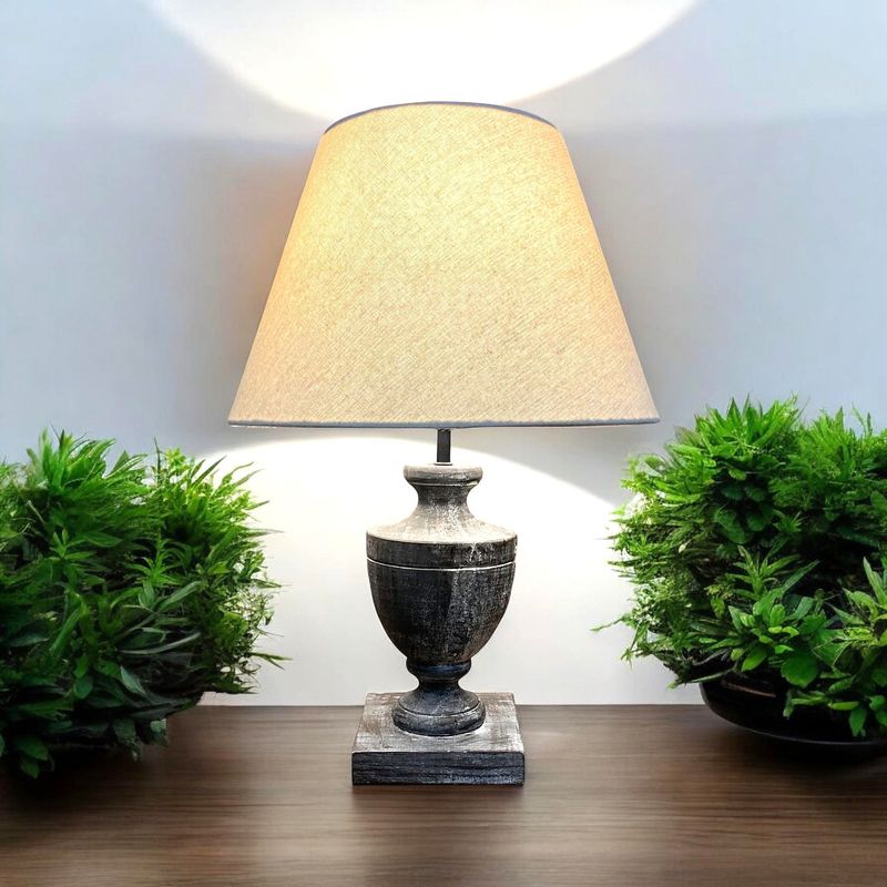 Lamp with Cream Linen Shaded Stone Marble Affect Base