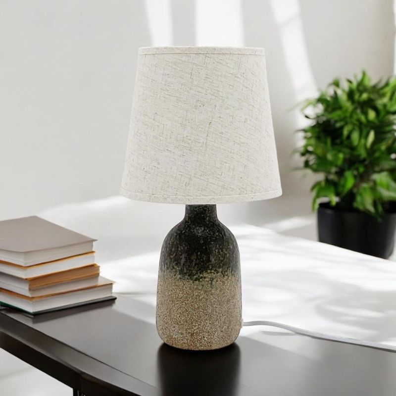 Lamp with White Linen Shade Stone Base