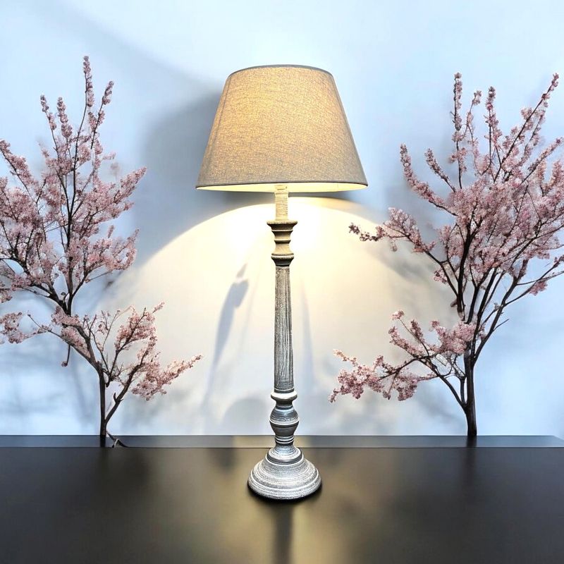Lamp with Cream Linen Shaded Stone Marble Affect Base