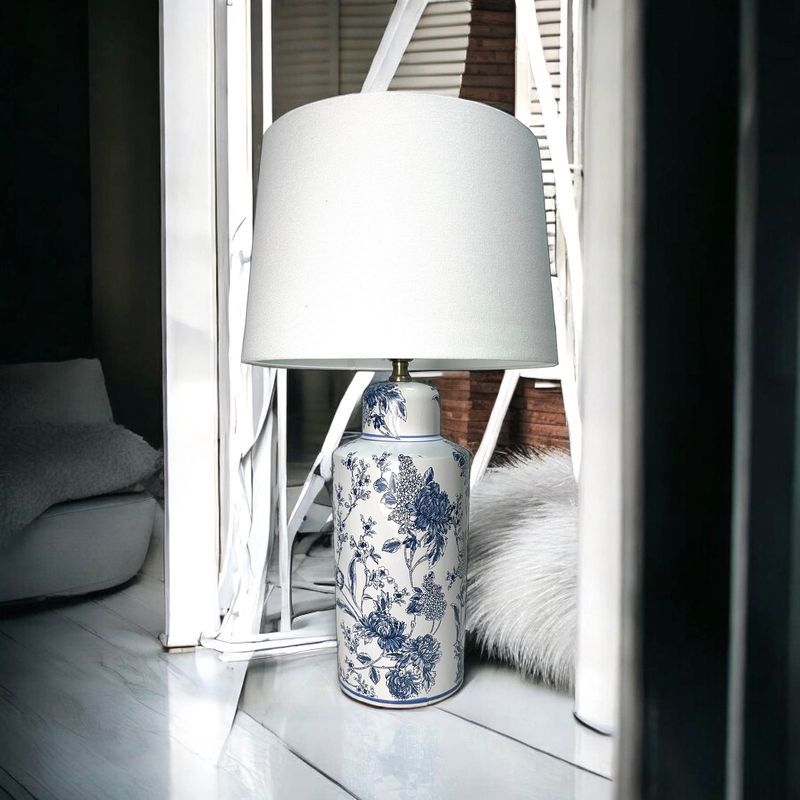 Lamp with Satin White Linen Shade & Blue/white painted Base