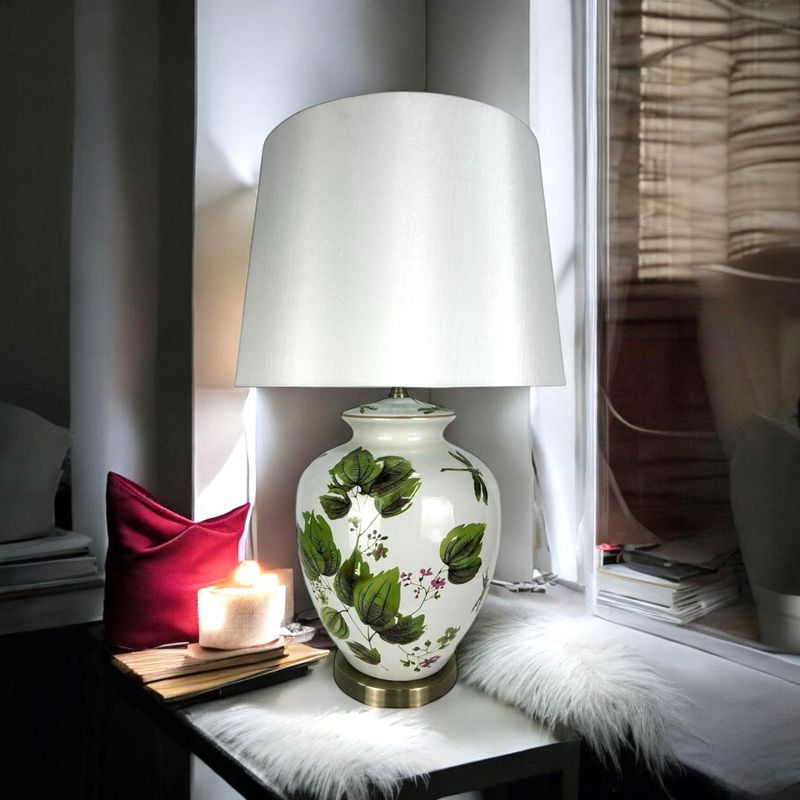Lamp with Satin White Linen Shade Ceramic Green Leaf Base