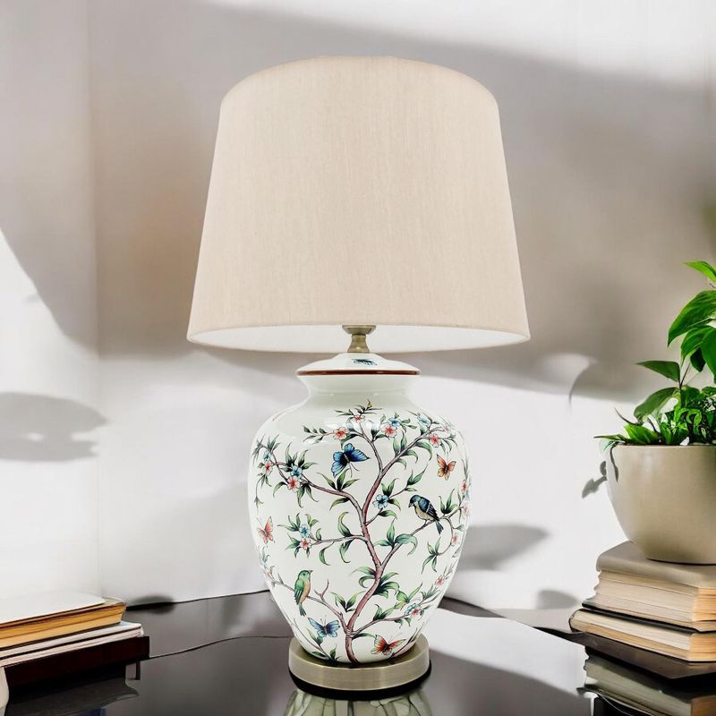 Lamp with Linen Shade Ceramic Bird & Butterfly Base