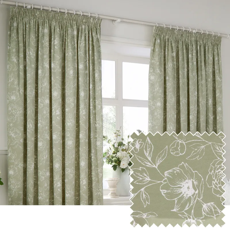 Bella Floral Room Darkening Pencil Pleat Sage