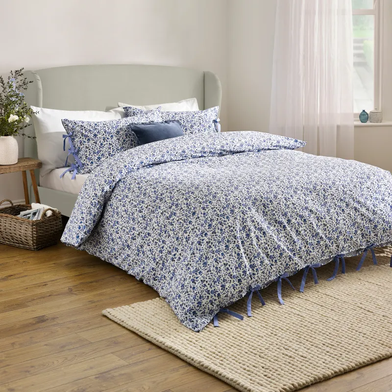 Hannah Floral 100% Cotton Duvet Cover Set Blue