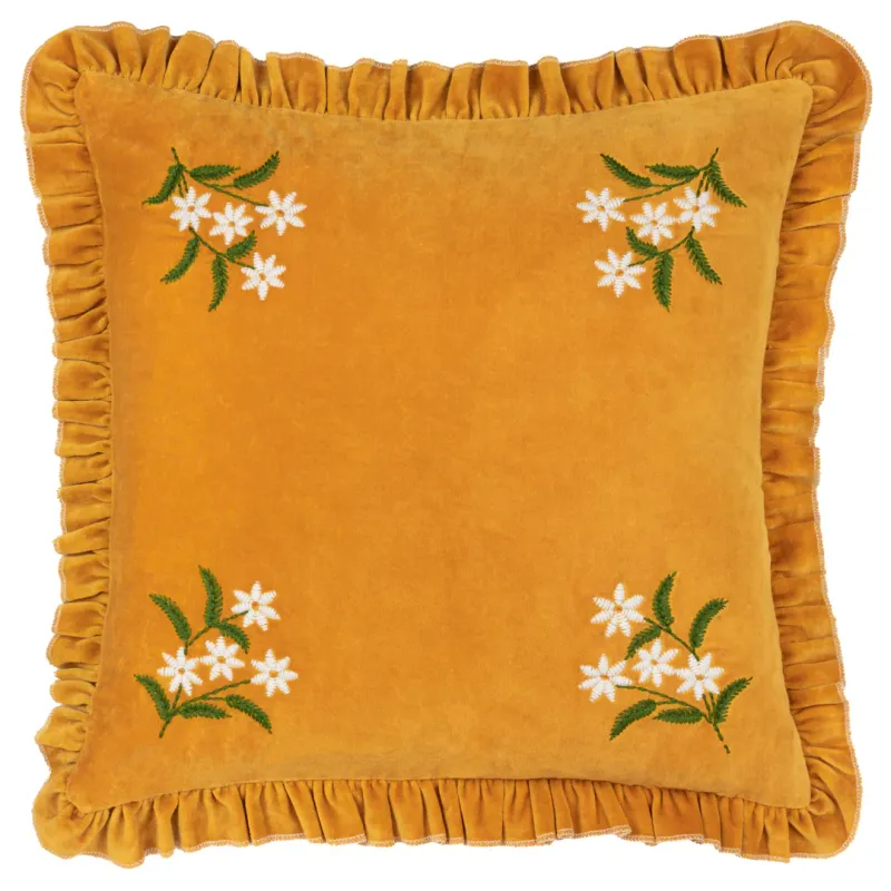 Hettie Embroidered Velvet Cushion Mustard