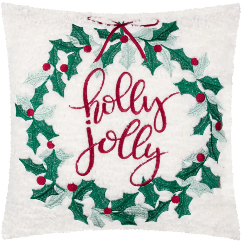 Holly Wreath Embroidered Cushion Multicolour