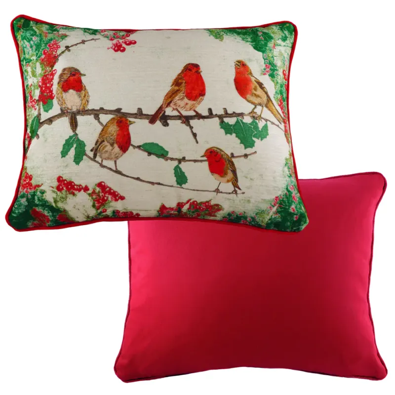 Xmas Robins Rectangular Cushion Ruby