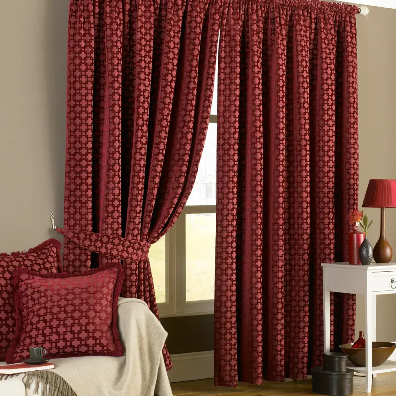 Belmont Chenille Jacquard Pencil Pleat Curtains Claret