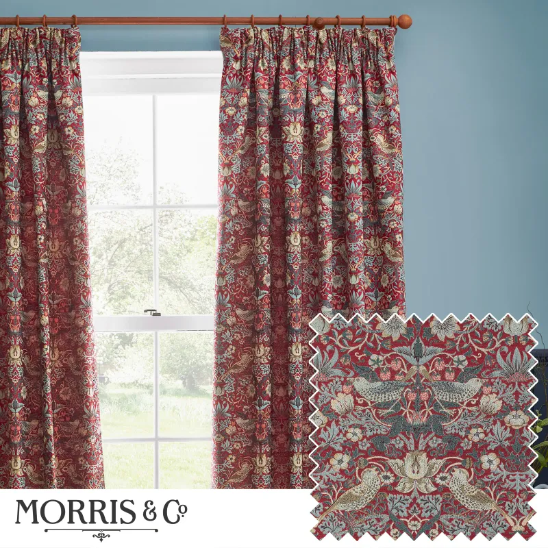 Strawberry Thief Embroidered Floral Pencil Pleat Curtains Berry
