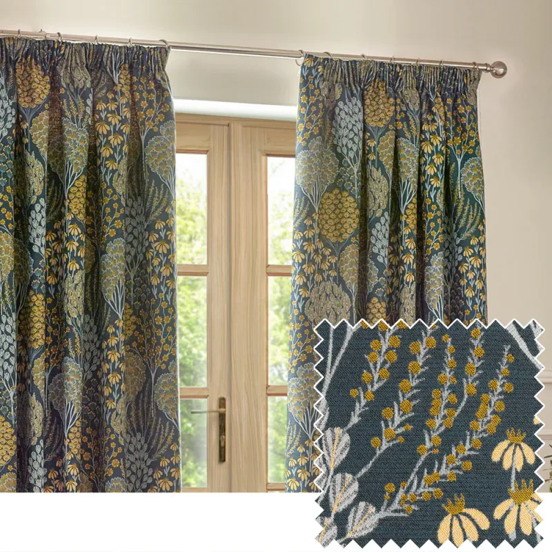 Ophelia Floral Jacquard Pencil Pleat Curtains Blue/Saffron