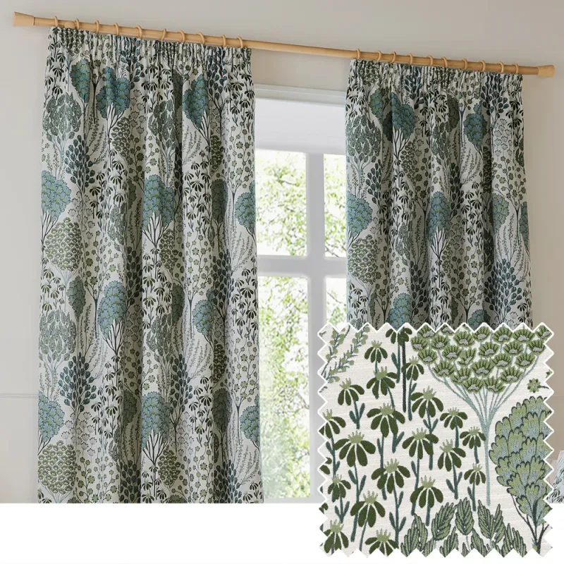 Ophelia Floral Jacquard Pencil Pleat Curtains Thyme/Mineral