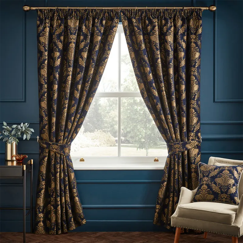 Shiraz Traditional Jacquard Pencil Pleat Curtains Navy