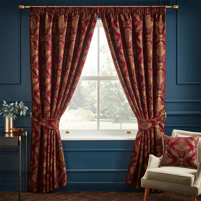 Shiraz Traditional Jacquard Pencil Pleat Curtains Ruby