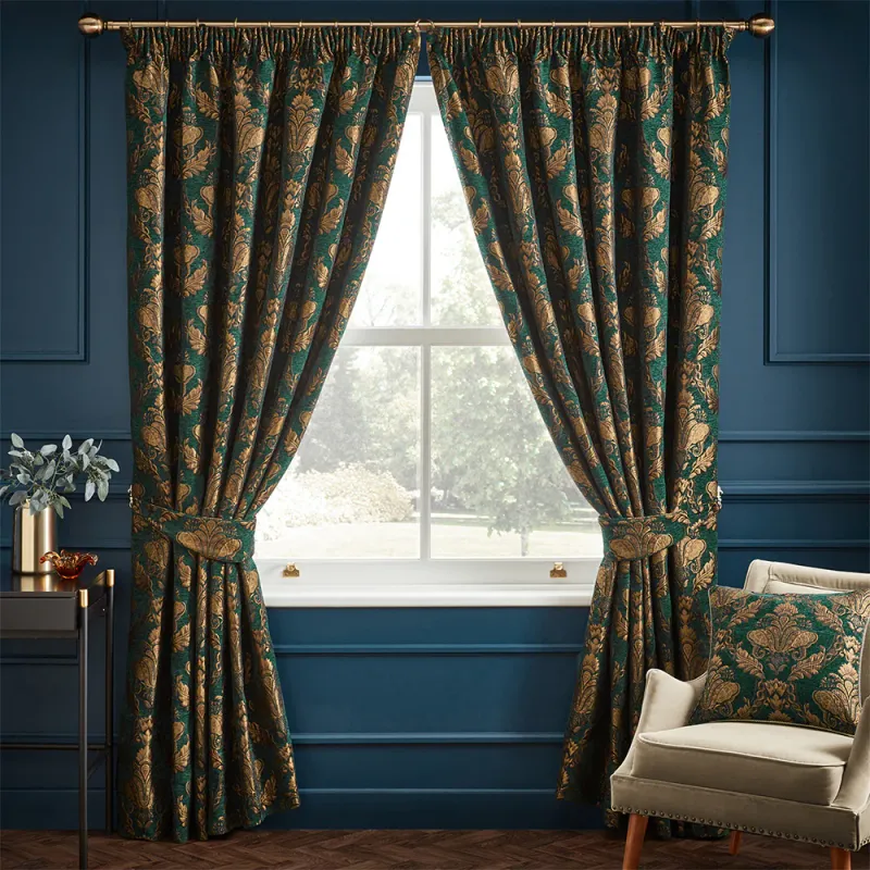 Shiraz Traditional Jacquard Pencil Pleat Curtains Emerald