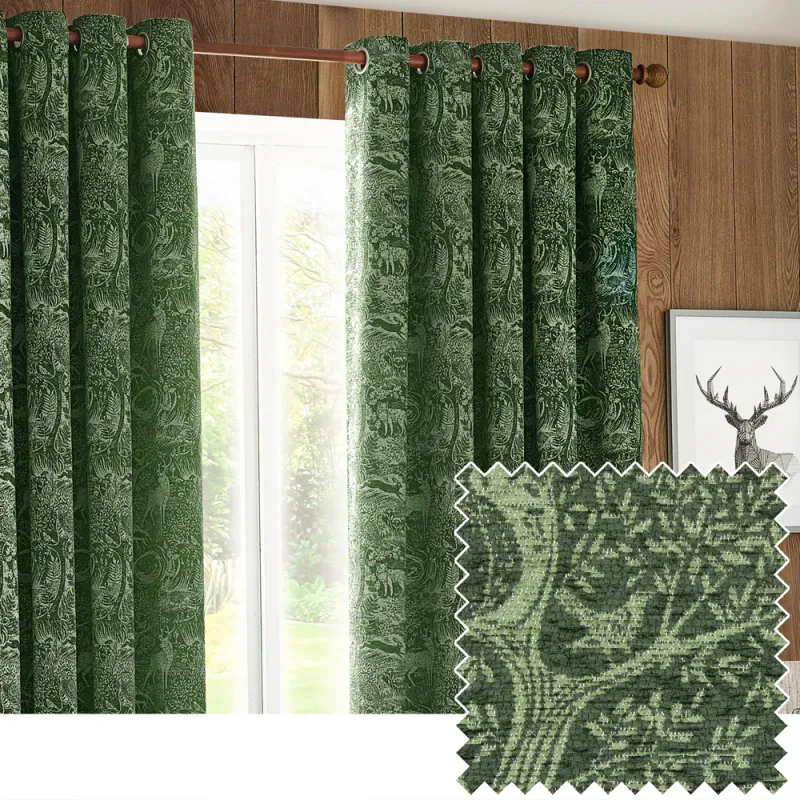 Winter Woods Animal Chenille Eyelet Curtains Emerald