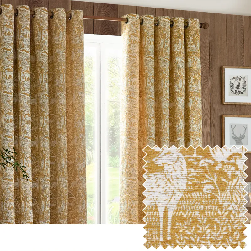 Winter Woods Animal Chenille Eyelet Curtains Ochre