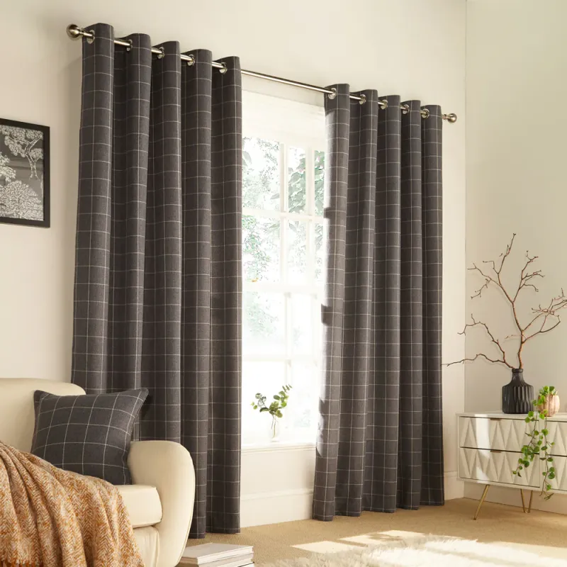 Ellis Windowpane Check Eyelet Curtains Grey