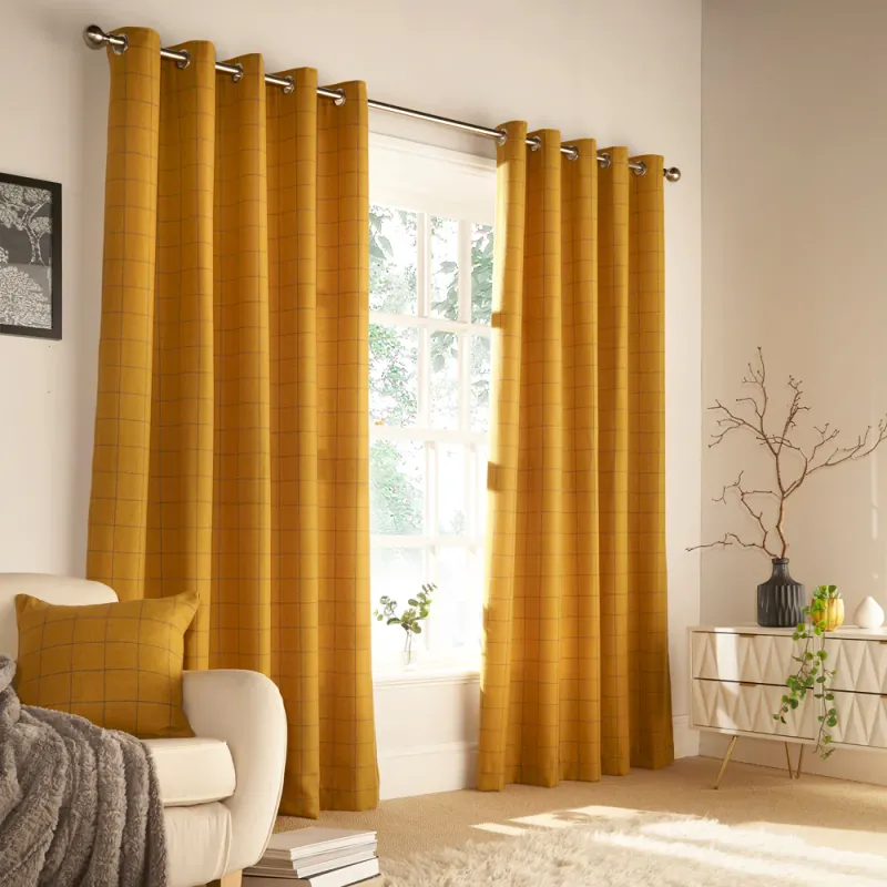 Ellis Windowpane Check Eyelet Curtains Ochre
