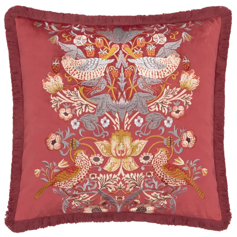 Strawberry Thief Embroidered Velvet Cushion Berry