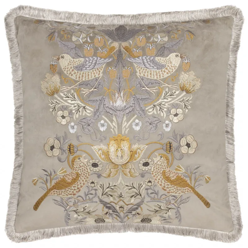 Strawberry Thief Embroidered Velvet Cushion Biscuit