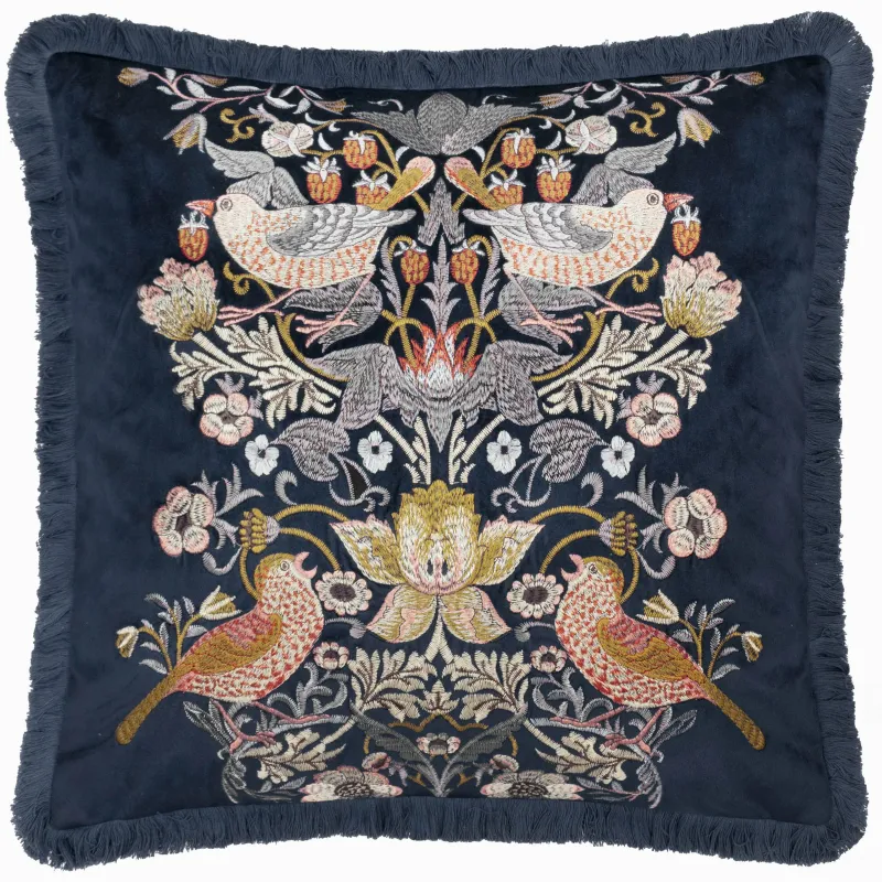 Strawberry Thief Embroidered Velvet Cushion Indigo