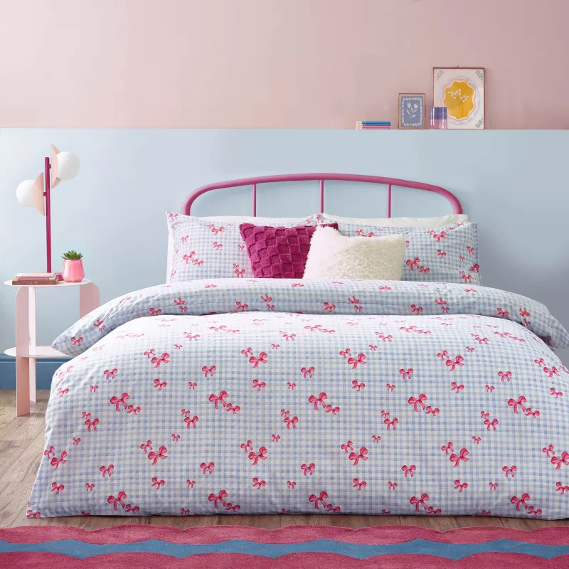 Gingham Bows Printed Duvet Cover Set Blue