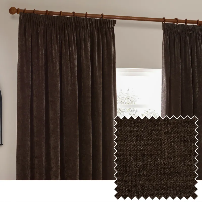 Heavy Chenille Room Darkening Pencil Pleat Curtains Brown