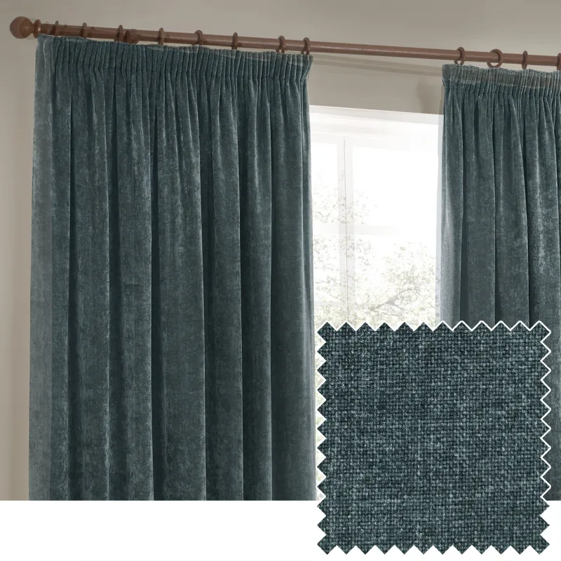 Heavy Chenille Room Darkening Pencil Pleat  Curtains Marine