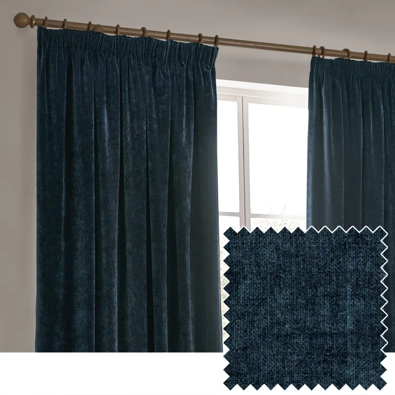 Heavy Chenille Room Darkening Pencil Pleat  Curtains Navy