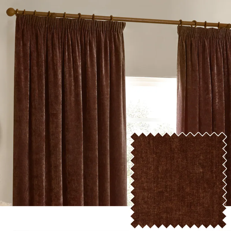 Heavy Chenille Room Darkening Pencil Pleat  Curtains Nutmeg