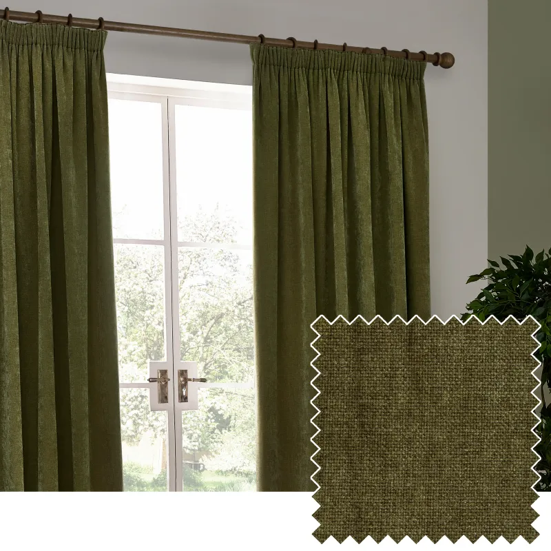 Heavy Chenille Room Darkening Pencil Pleat  Curtains Olive