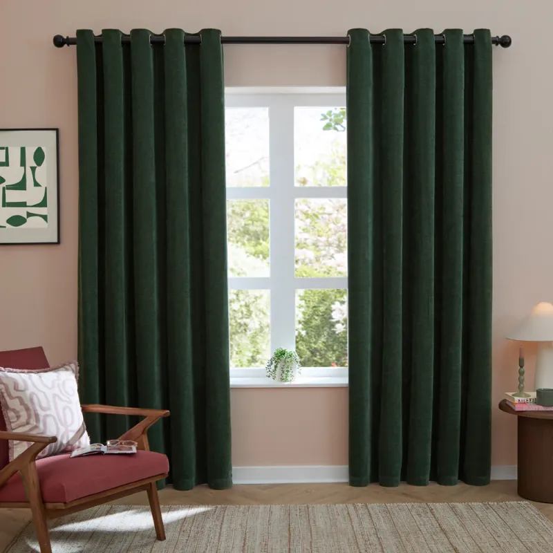 Soft Chenille Blackout Eyelet Curtains Bottle Green