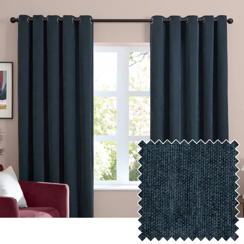 Soft Chenille Blackout Eyelet Curtains Navy