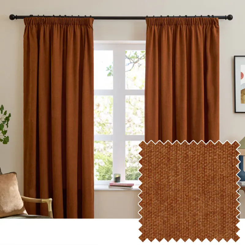 Soft Chenille Blackout Pencil Pleat Curtains Rust