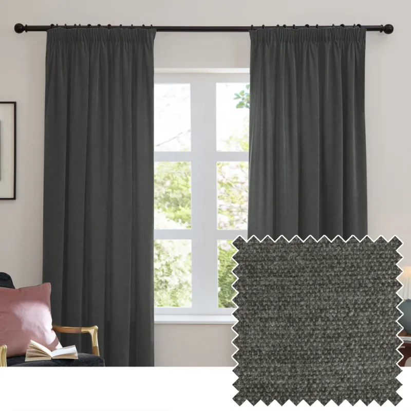 Soft Chenille Blackout Pencil Pleat Curtains Charcoal