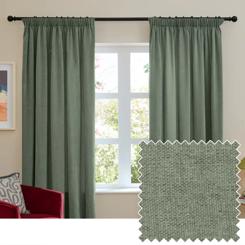 Soft Chenille Blackout Pencil Pleat Curtains Green
