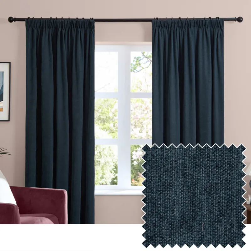 Soft Chenille Blackout Pencil Pleat Curtains Navy