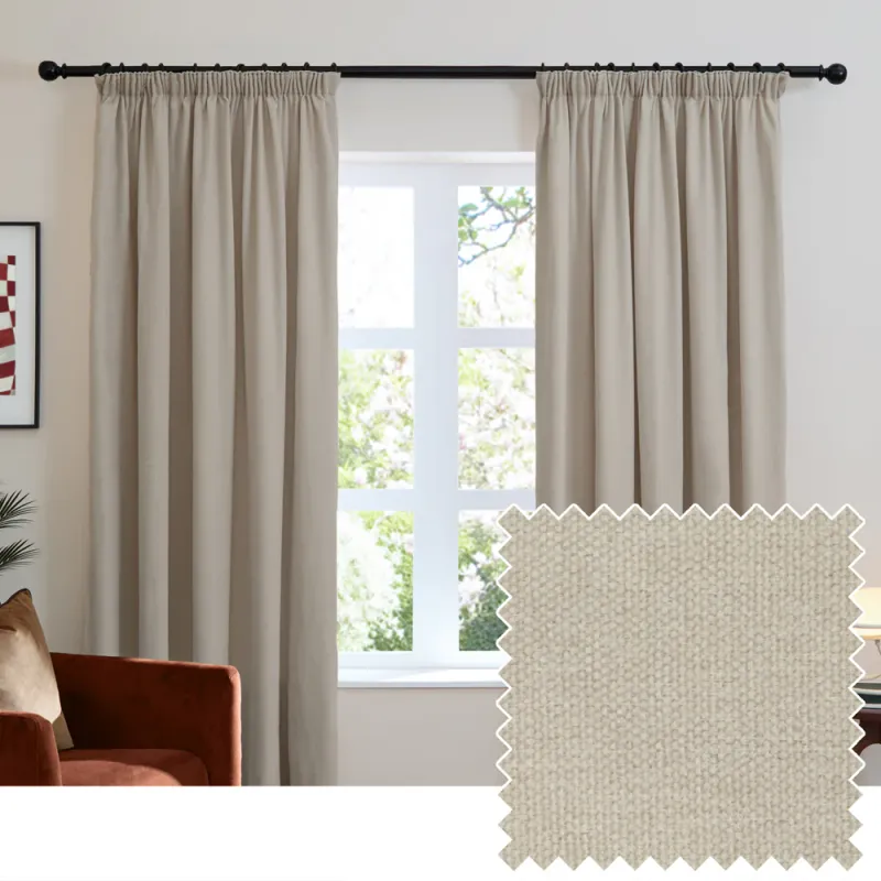 Soft Chenille Blackout Pencil Pleat Curtains Natural