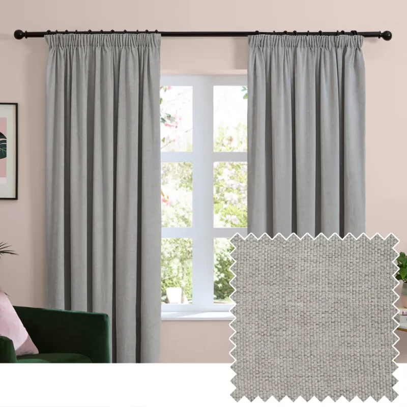 Soft Chenille Blackout Pencil Pleat Curtains Silver