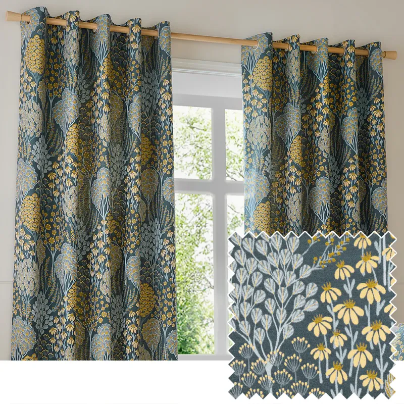 Ophelia Floral Jacquard Eyelet Curtains Blue/Saffron