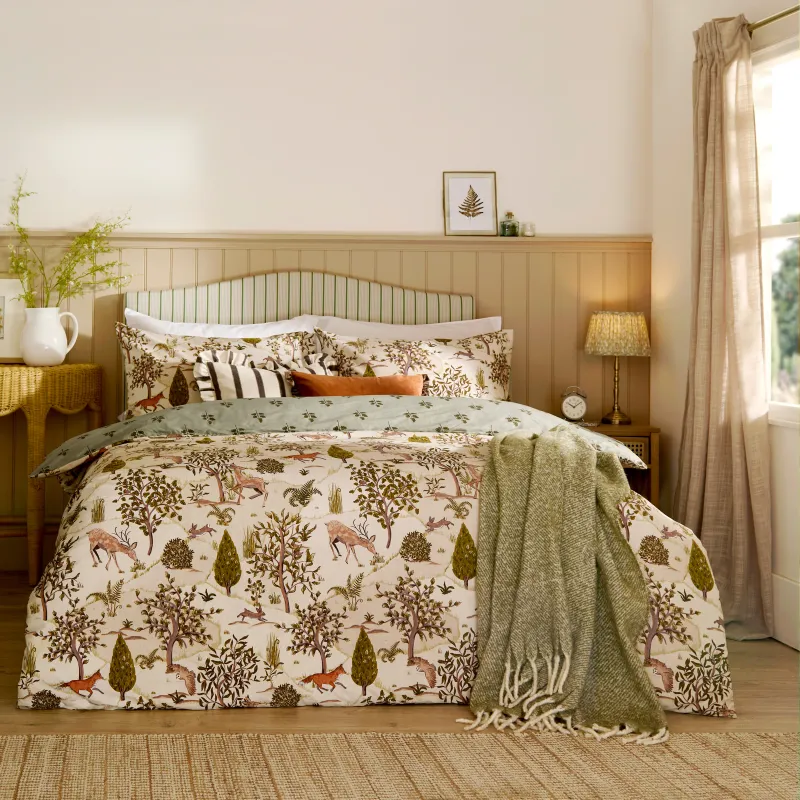 Fable Printed Reversible Duvet Cover Set Willow Green