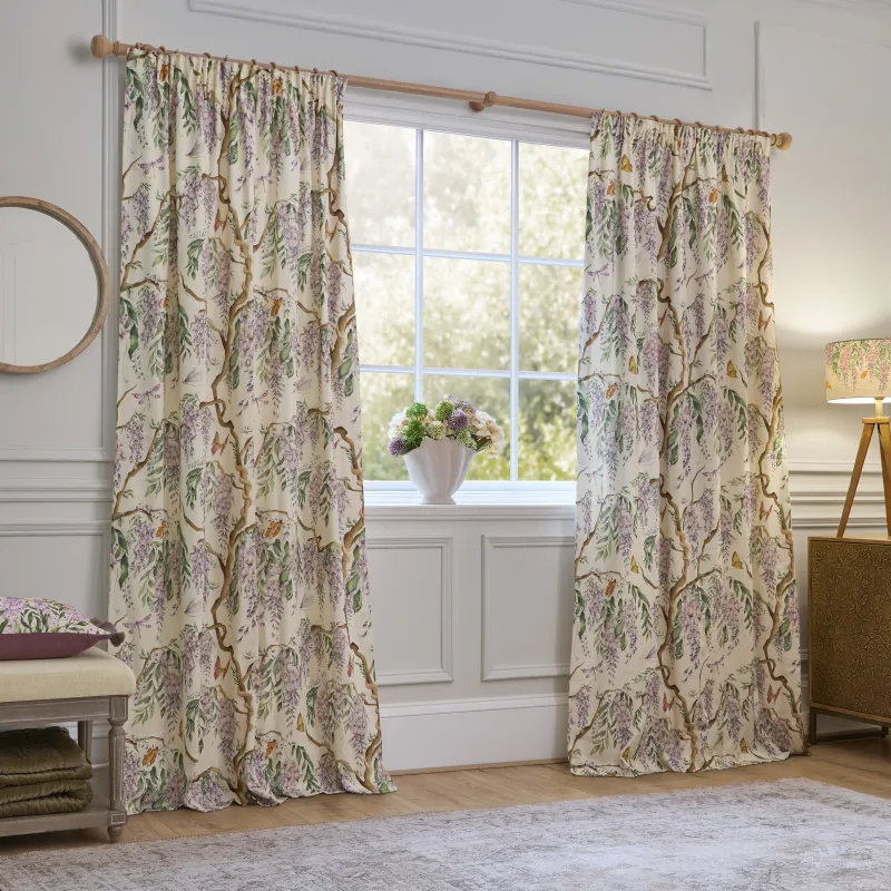 Mariposa Printed Pencil Pleat Curtains Cream
